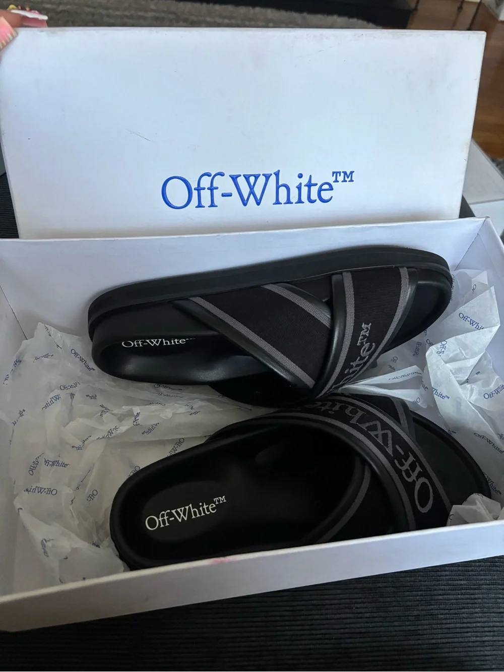 Off-White Black and Gray Cross-Strap Logo Slides